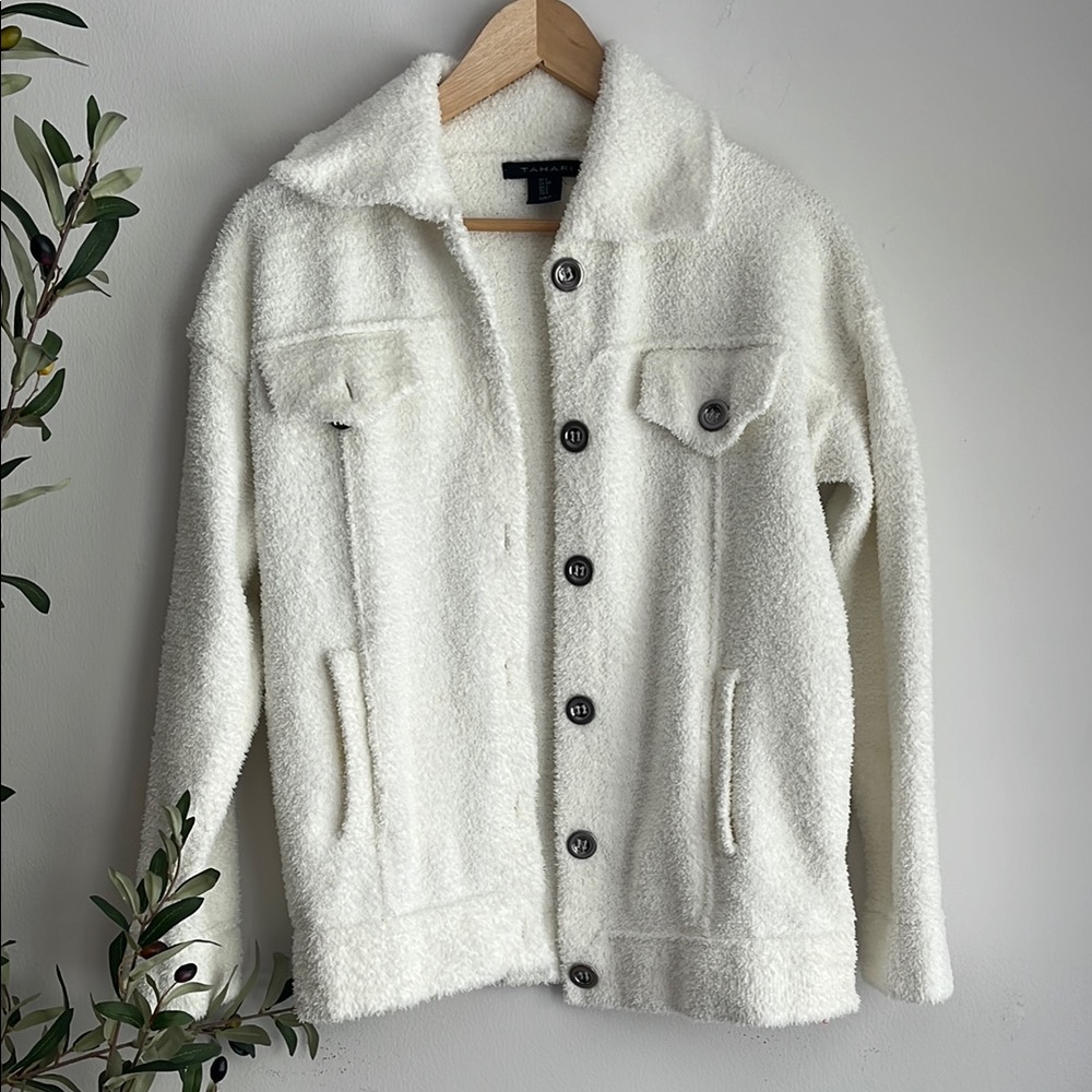 Tahari Cream Bouclé Teddy Jacket with Button Front